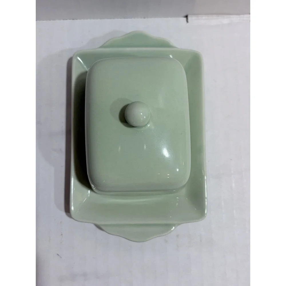 Biscuit Green Mini Ceramic Butter Dish w/ Lid Tray, Dishwasher/Microwave Safe